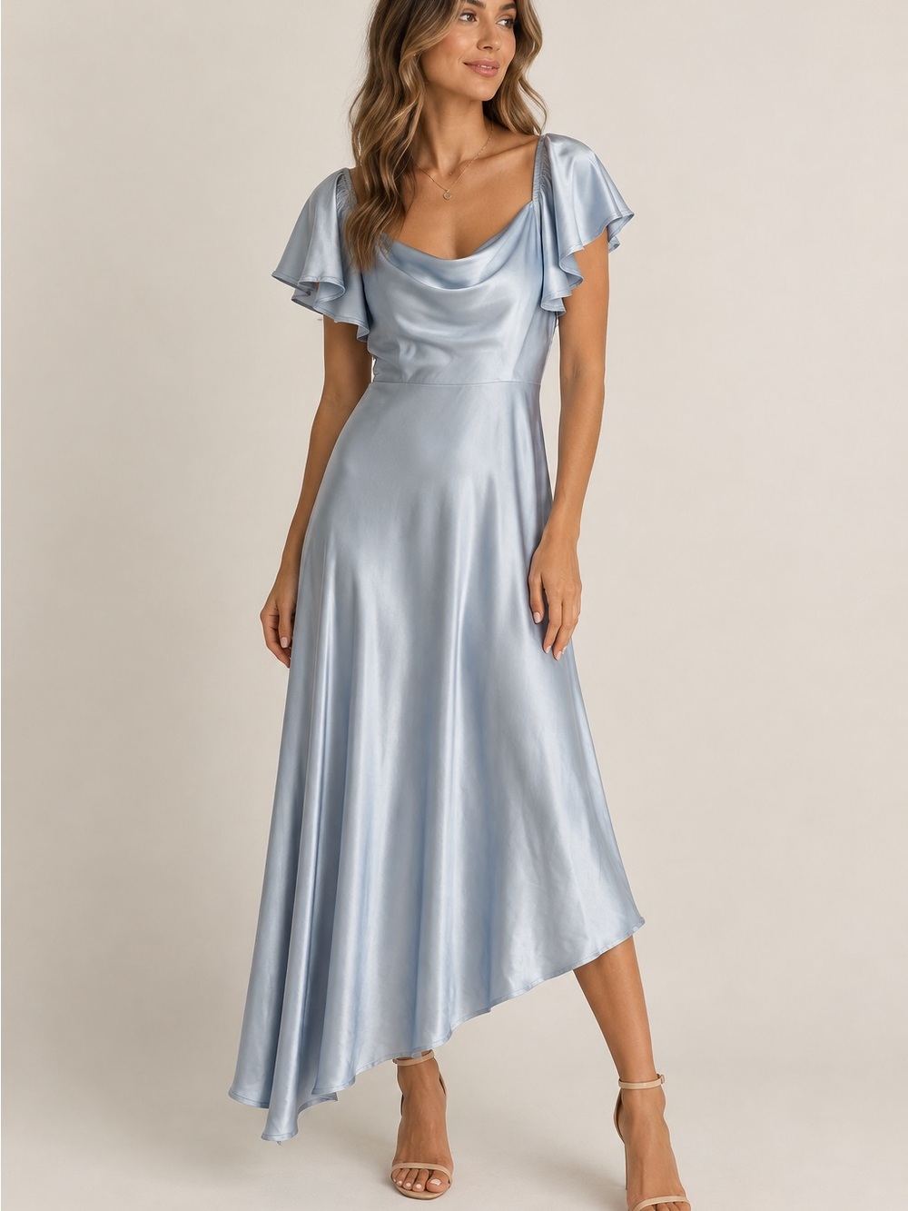 Selfie Leslie Satin Cowl-Neck High-Low Dress in Light Blue